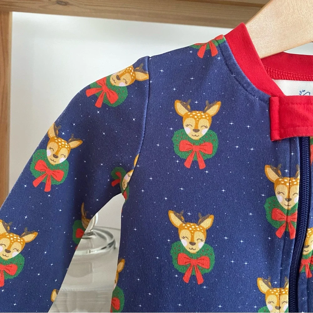 Smockingbird Blue Dasher The Reindeer Monogramed Christmas Zip Up Pajamas 6-9 m